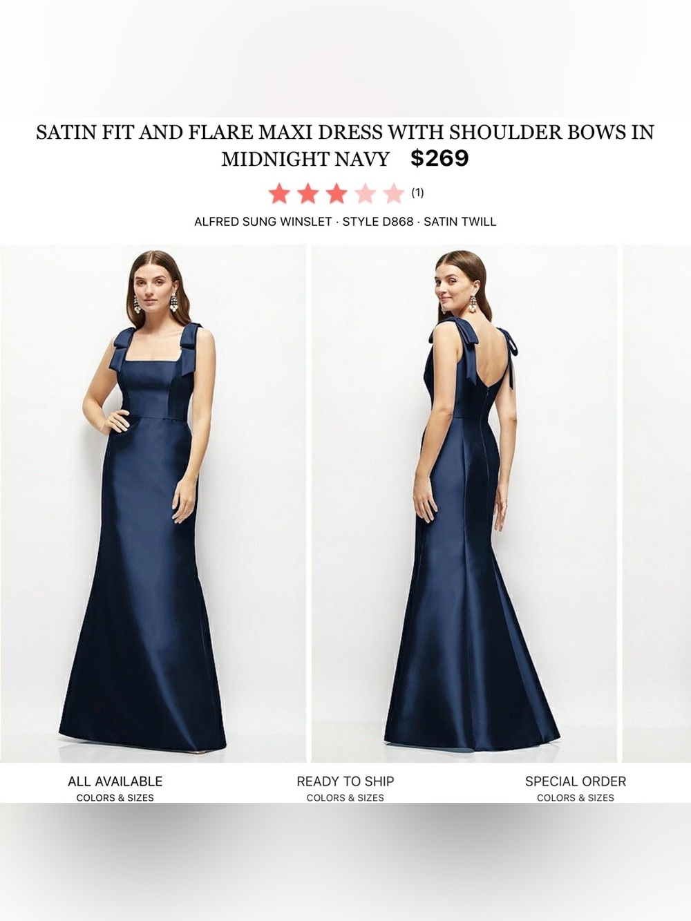 ALFRED SUNG Navy Satin Maxi Dress with Shoulder Bow Straps